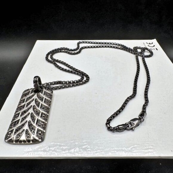 Rhodium Plated Sterling Silver “Racer” Tire Tread Black Diamond Tag With Chain - Picture 7 of 9